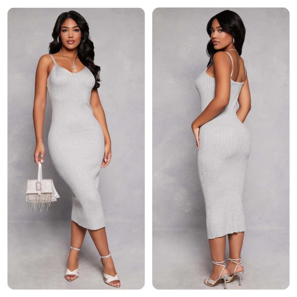 ALMOST FAMOUS Silver Shimmer Gray Ribbed Sleeveless Stretchy Maxi Dress M NWT